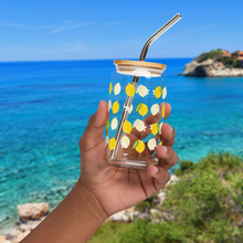 Load image into Gallery viewer, Glass with lemon design with the Mediterranean Sea in the background
